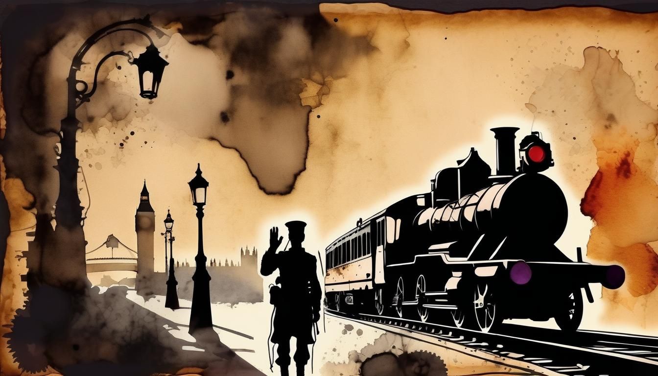 Soldier Waving in Steampunk London Ink Painting