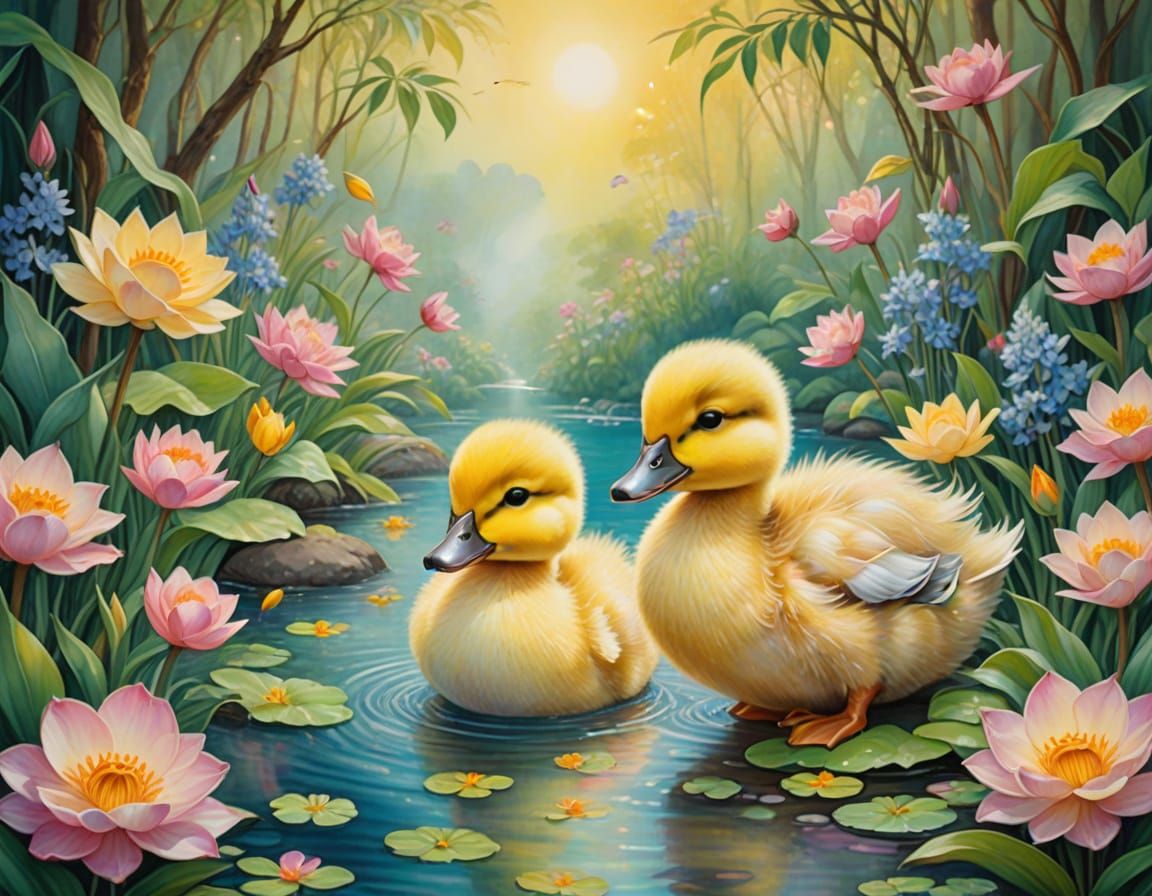 Whimsical Duck Couple in Chinese Brush Stroke Painting Style