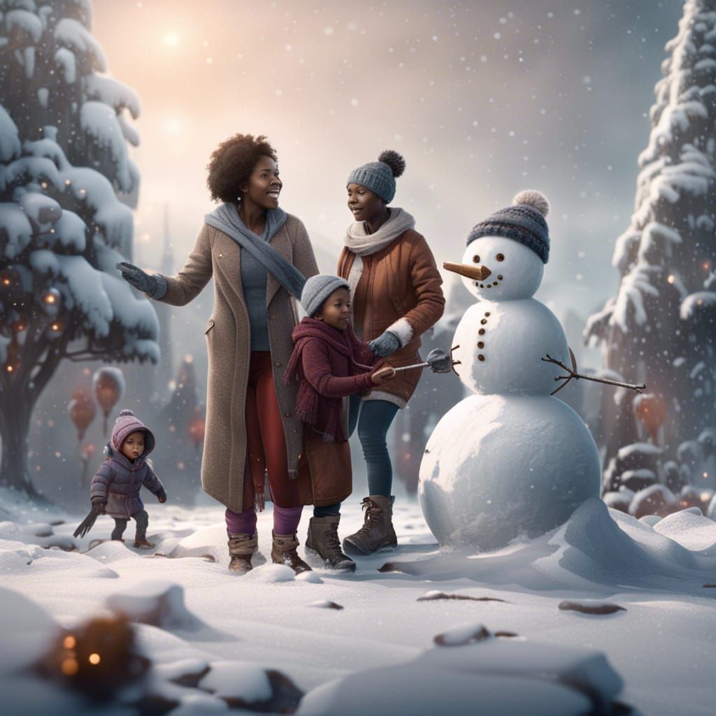 African American Woman Building a Snowman