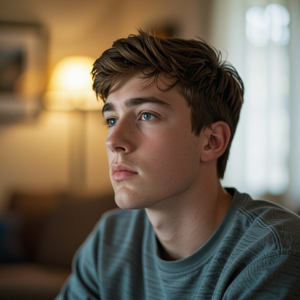 Young Man in Contemplative Pose Captured on Vintage Camera