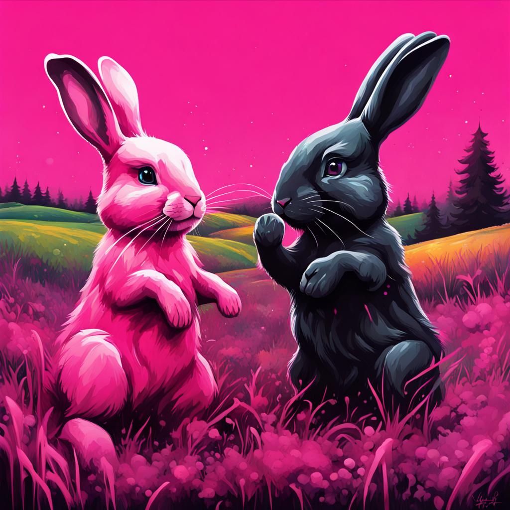 Two Bunnies Hopping in Colorful Graffiti Art