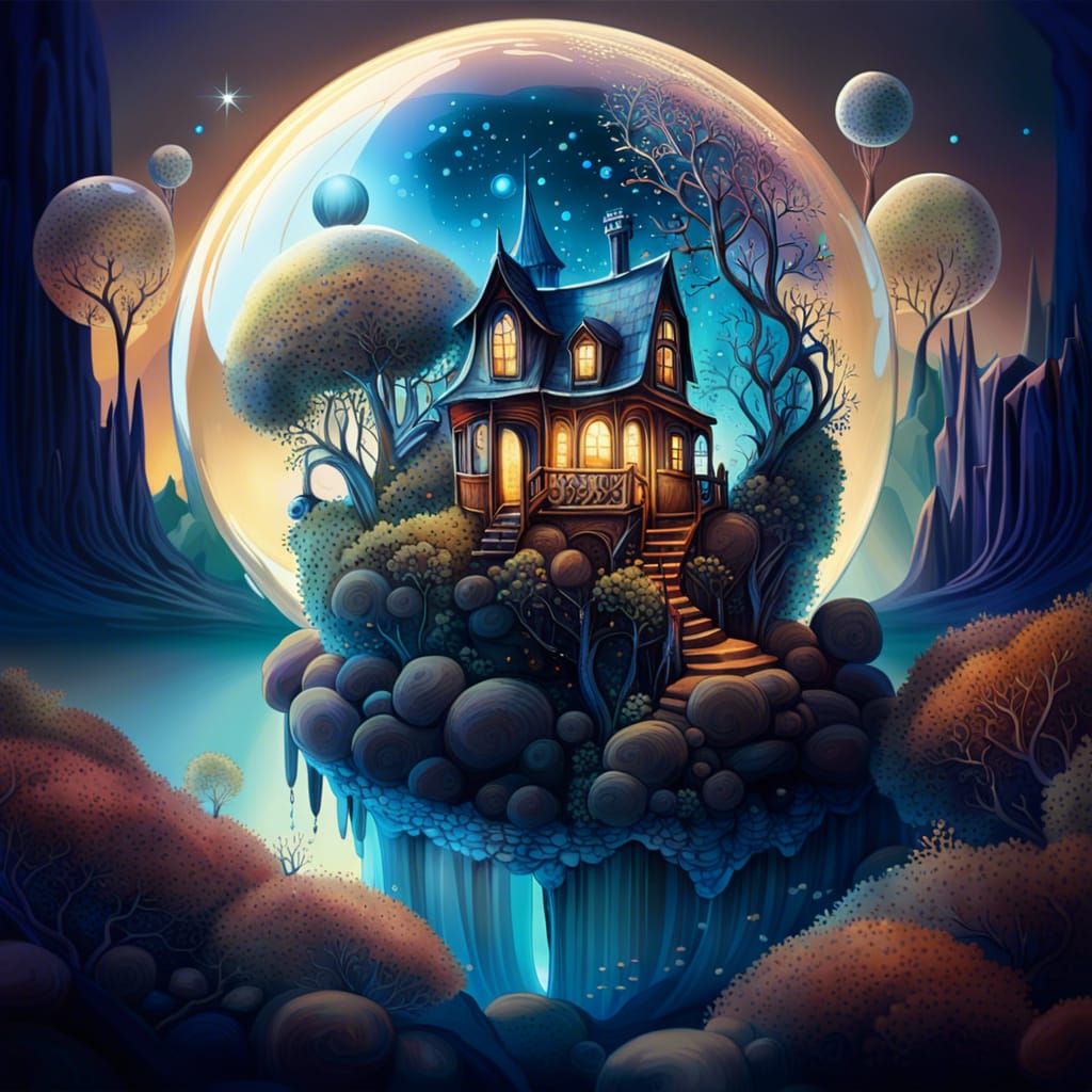 Surreal Miniature House in a Bottle Illustration