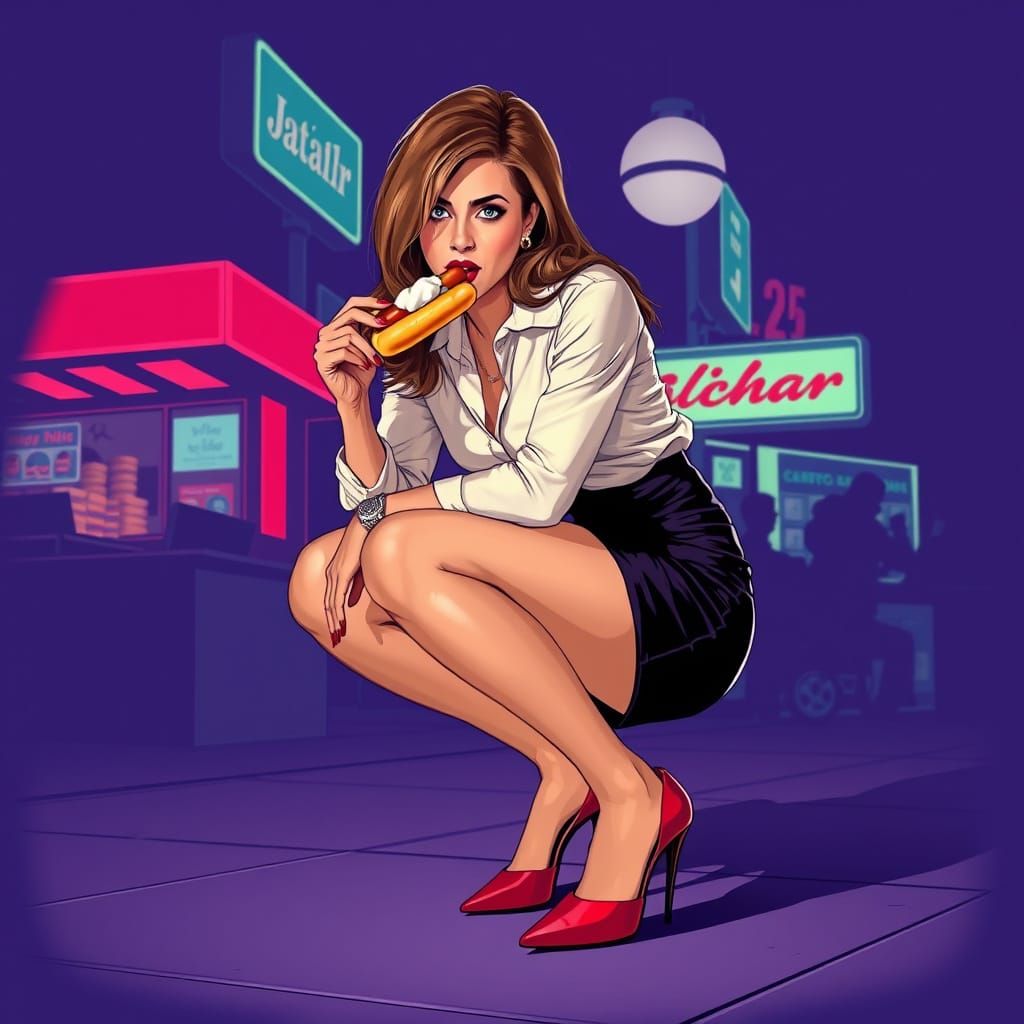 Woman Eating Hot Dog in Noir-Inspired Art Style