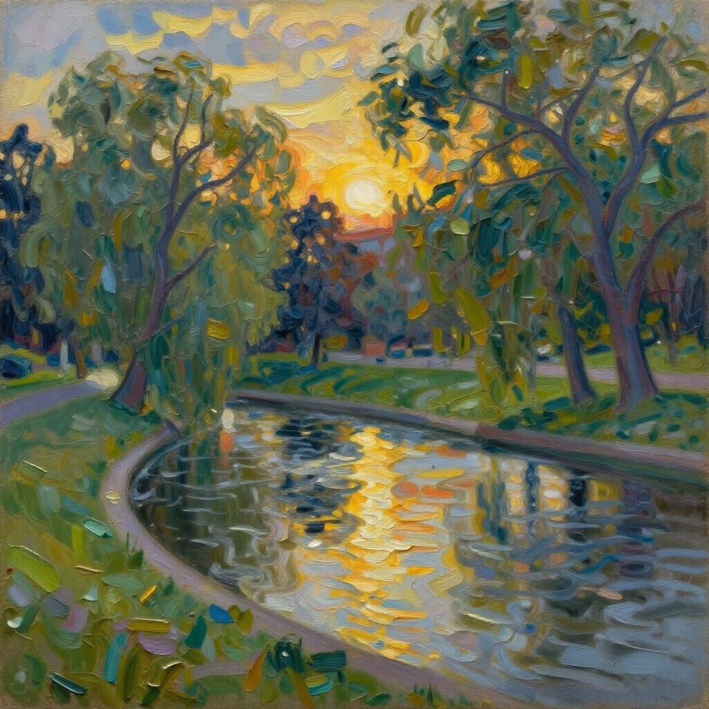 Golden Hour River Park Oil Painting