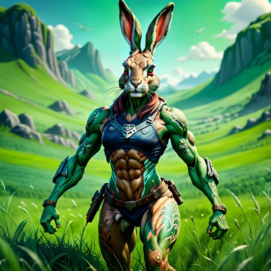Battle-Ready Hare Warrior on Green Meadow