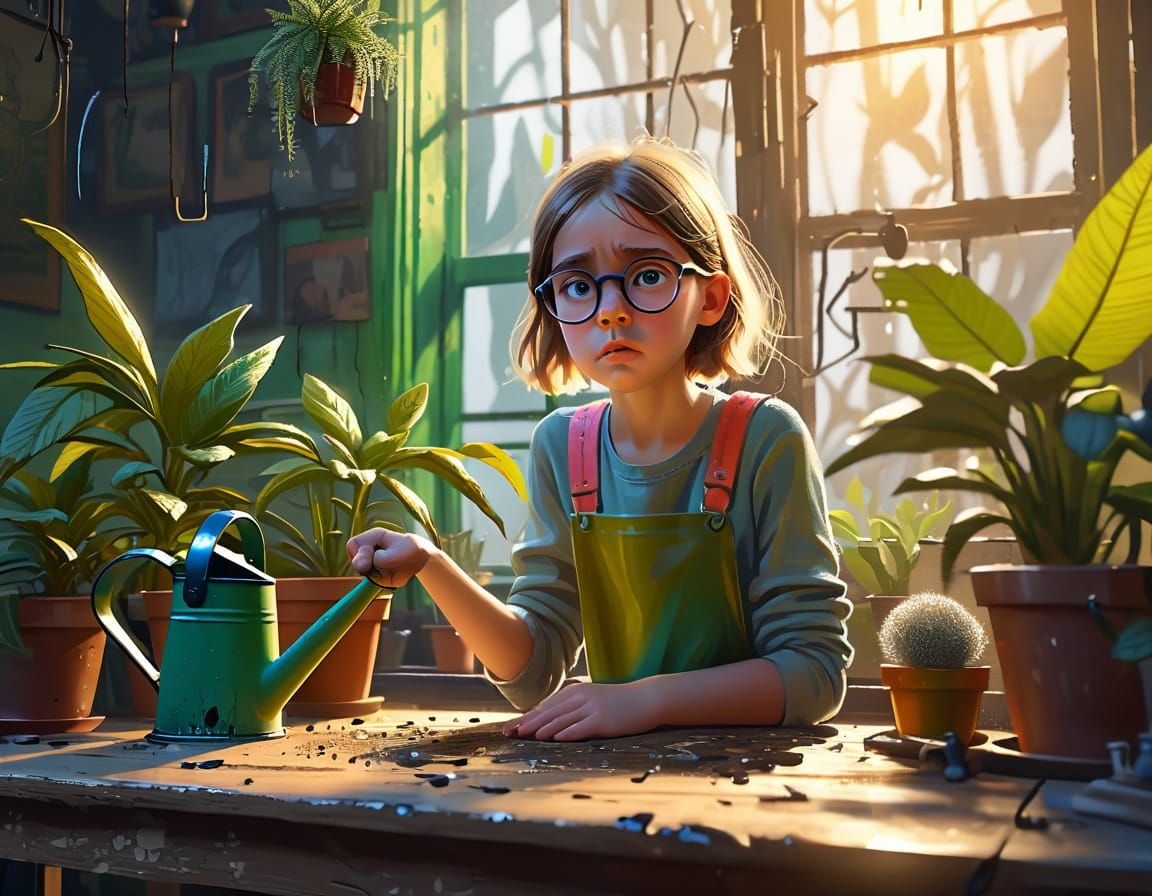 Solemn Girl Tends to Plants in Morning Light