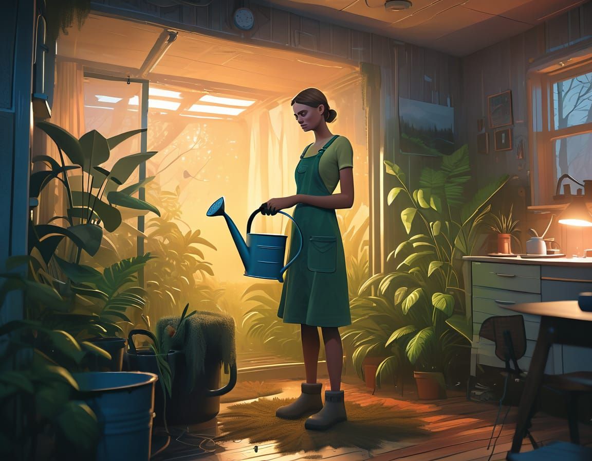 Young Woman Tends to Lush Greenery with a Hint of Whimsy
