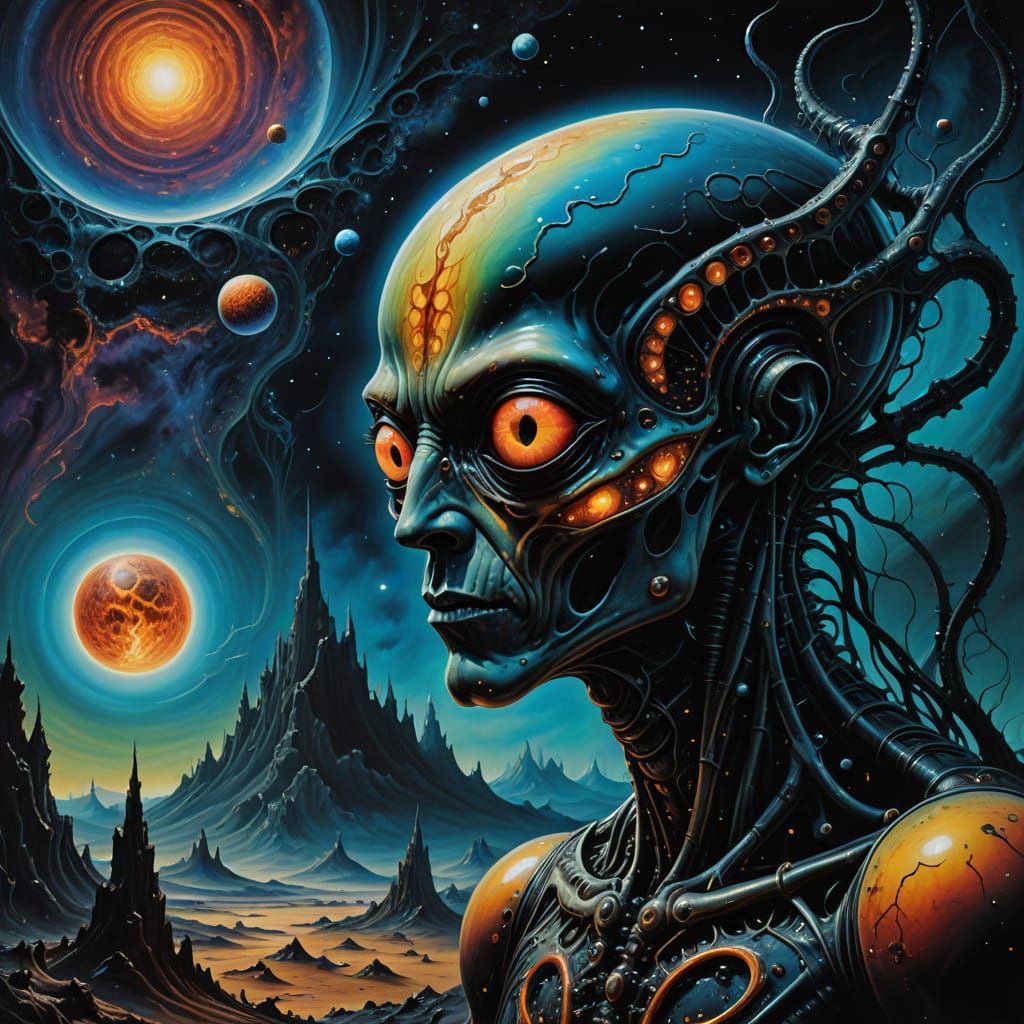 Alien Ponders Cosmic Landscape in Surreal Dalí & Giger Style