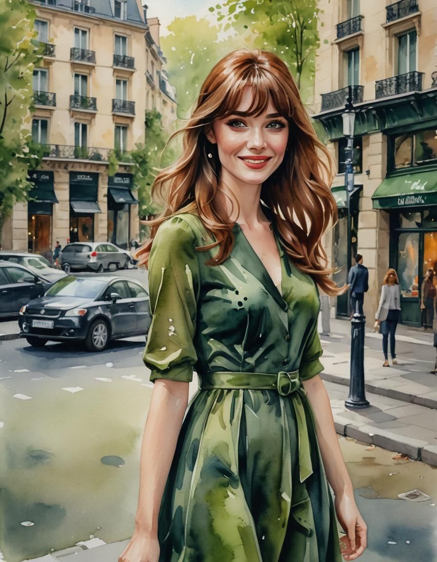 Watercolor Portrait of Woman in Paris Street