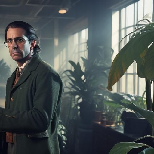 Botanist's Office with Glowing Girl: Cinematic Film Still