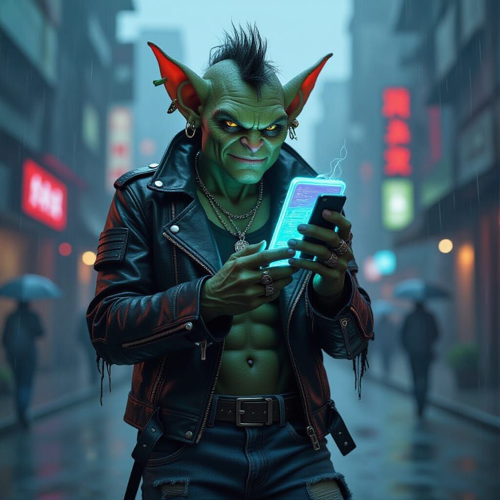 Cyberpunk Goblin in Rainy Cityscape