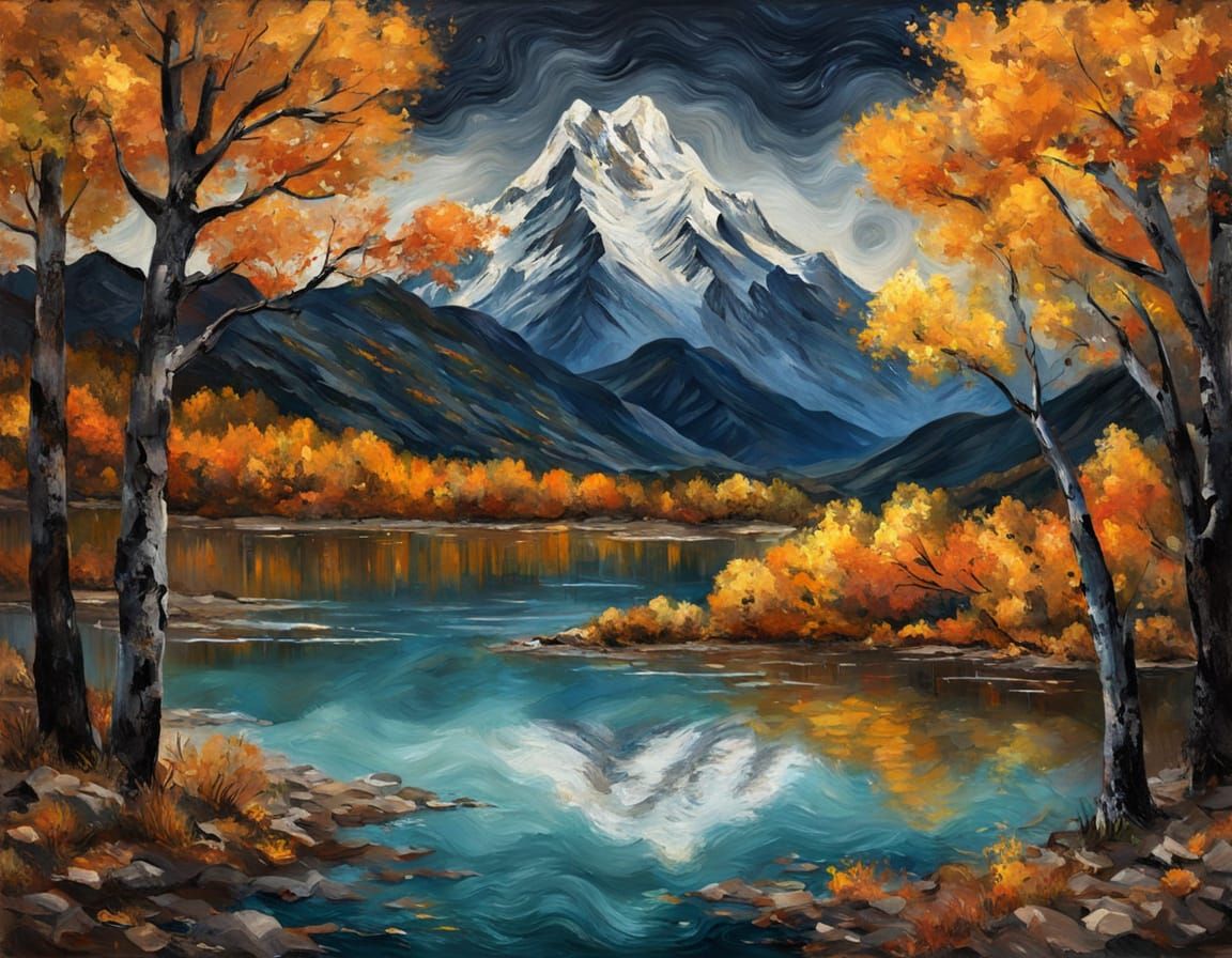 Serene Mountain Lake at Night in Van Gogh Style