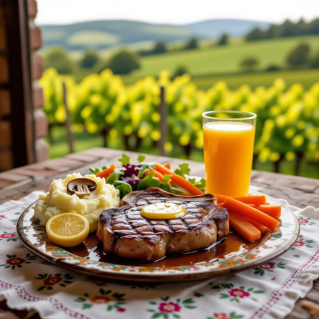 Hyperrealistic T-Bone Steak Meal with Countryside Vista