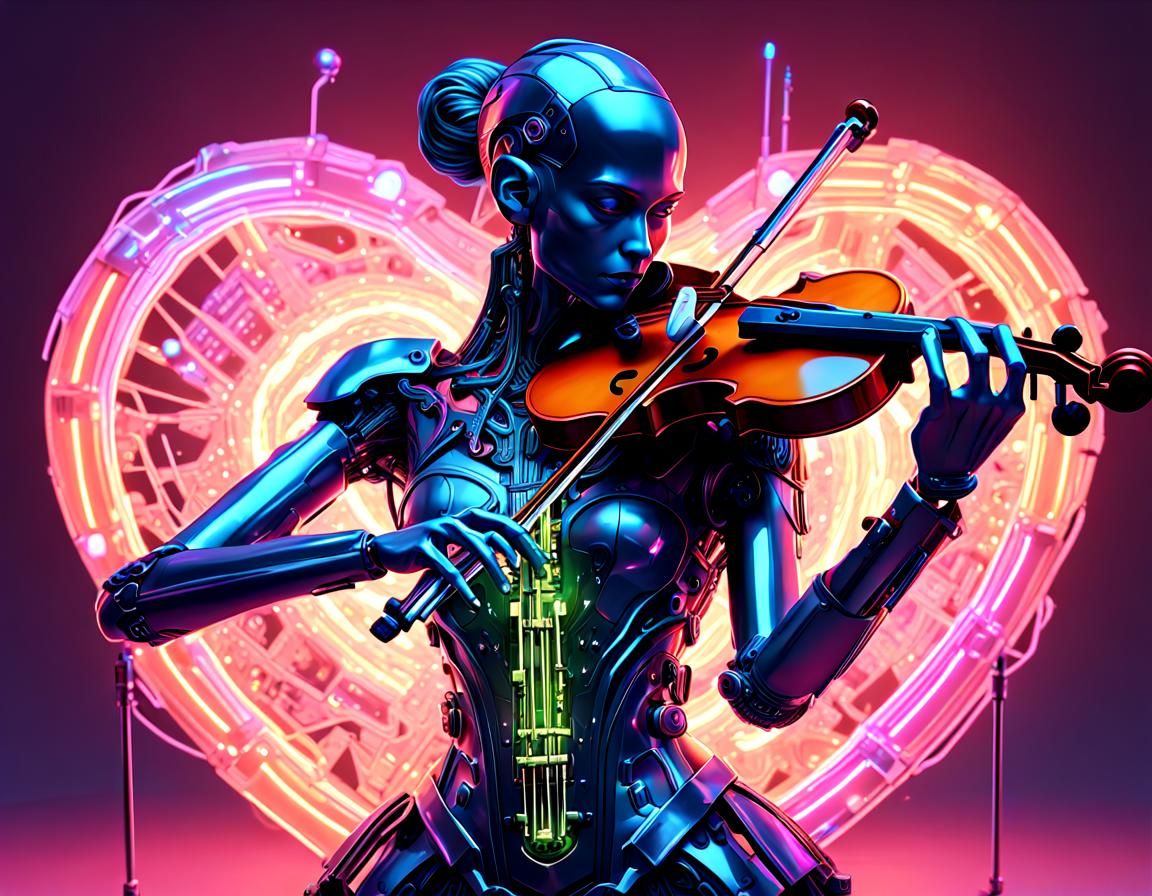 maximalist Android cyberpunk Heart rising from a violin!