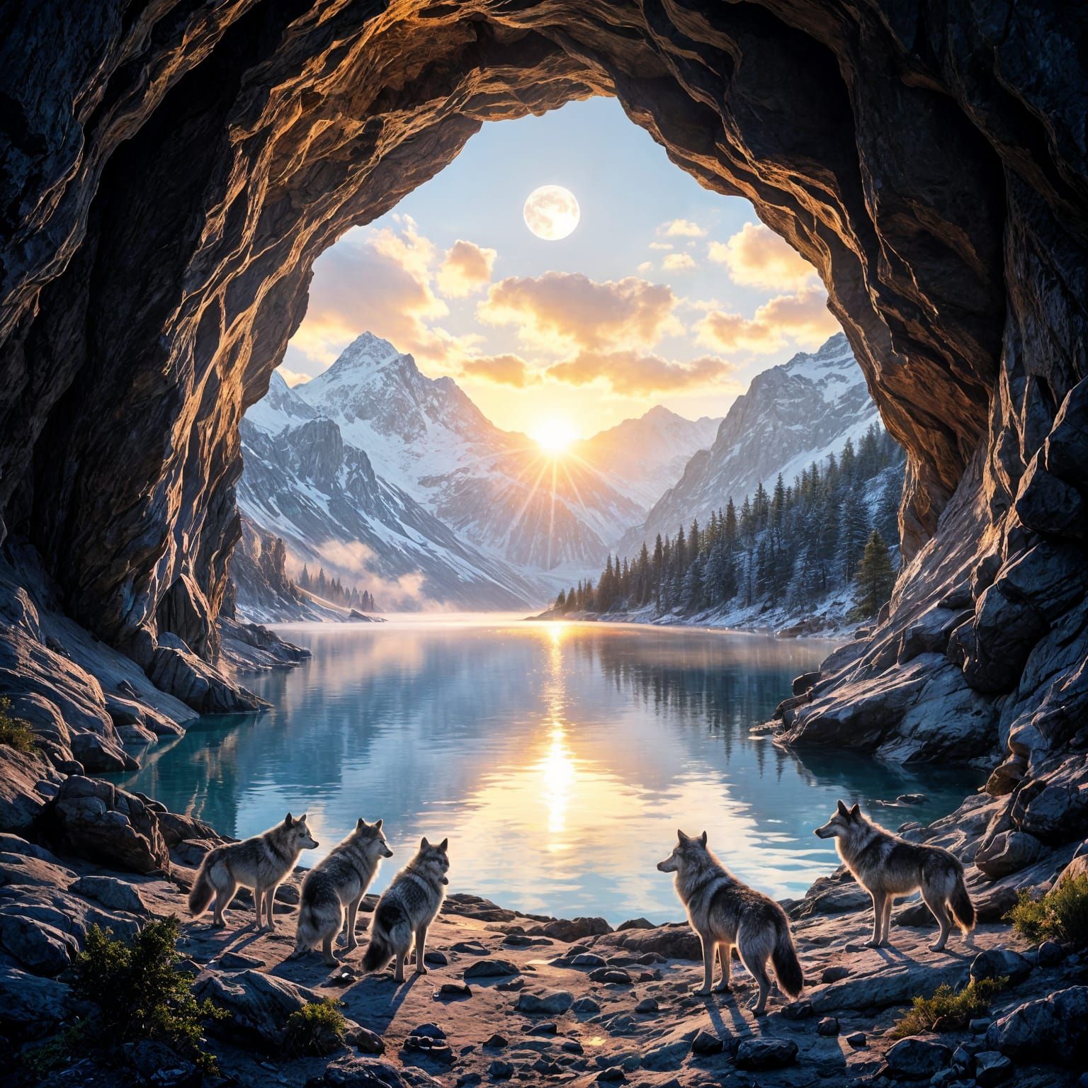 Majestic Wolves Guard Mountain Cave Lake at Sunrise