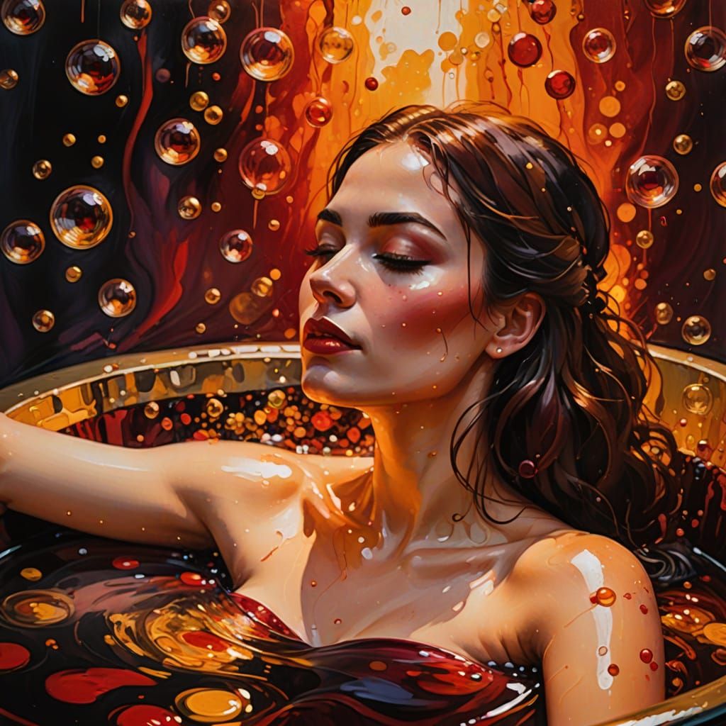 Woman Relaxing in Port Wine Bath as Oil Painting