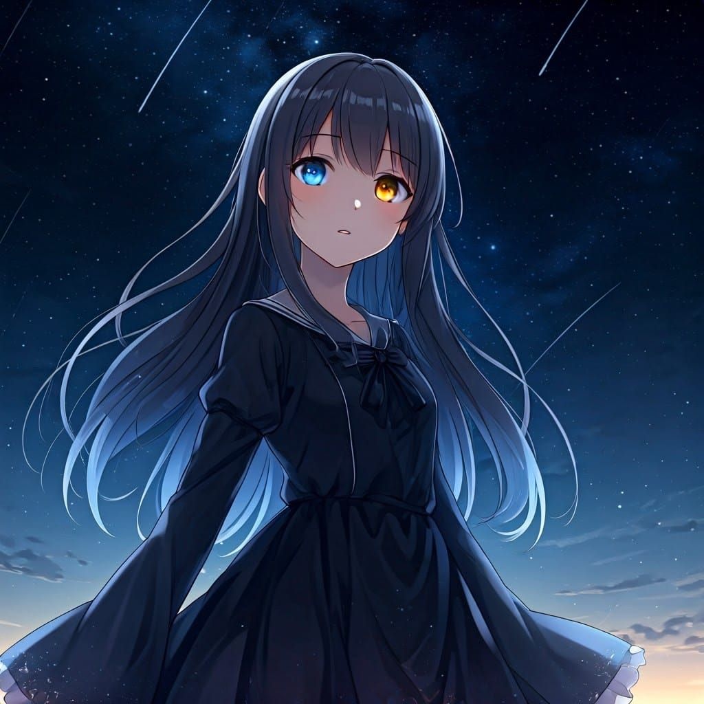 Anime Girl Contemplates Starry Night Sky in Elegant Black Dr...
