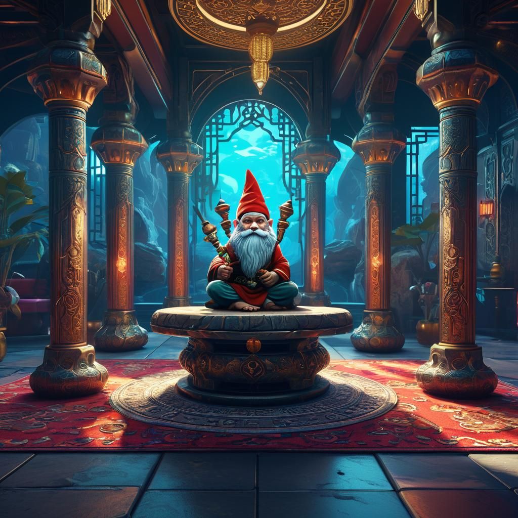 Gnome at Futuristic Hookah Bar in Digital Art Style