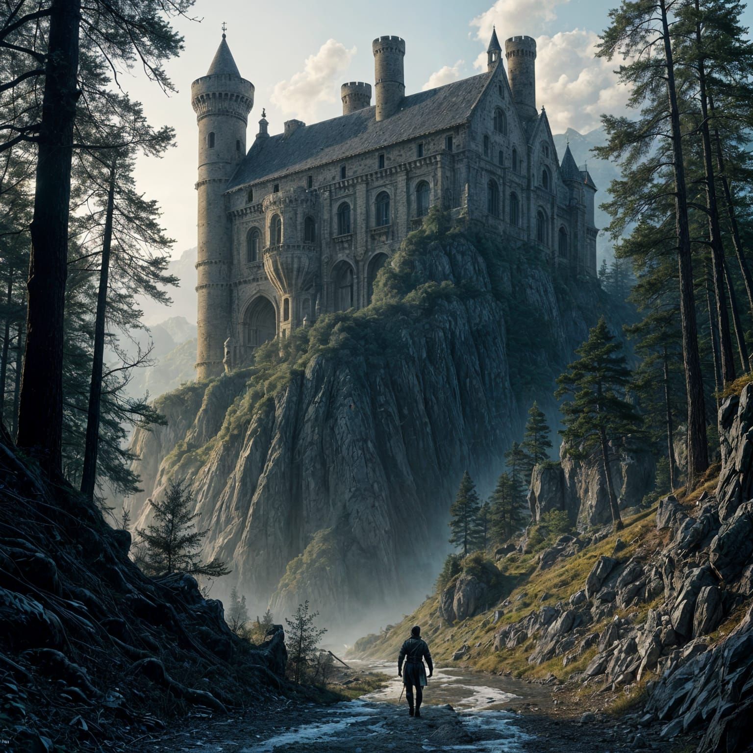 Ancient Grotto Castle Amidst Dark Forest