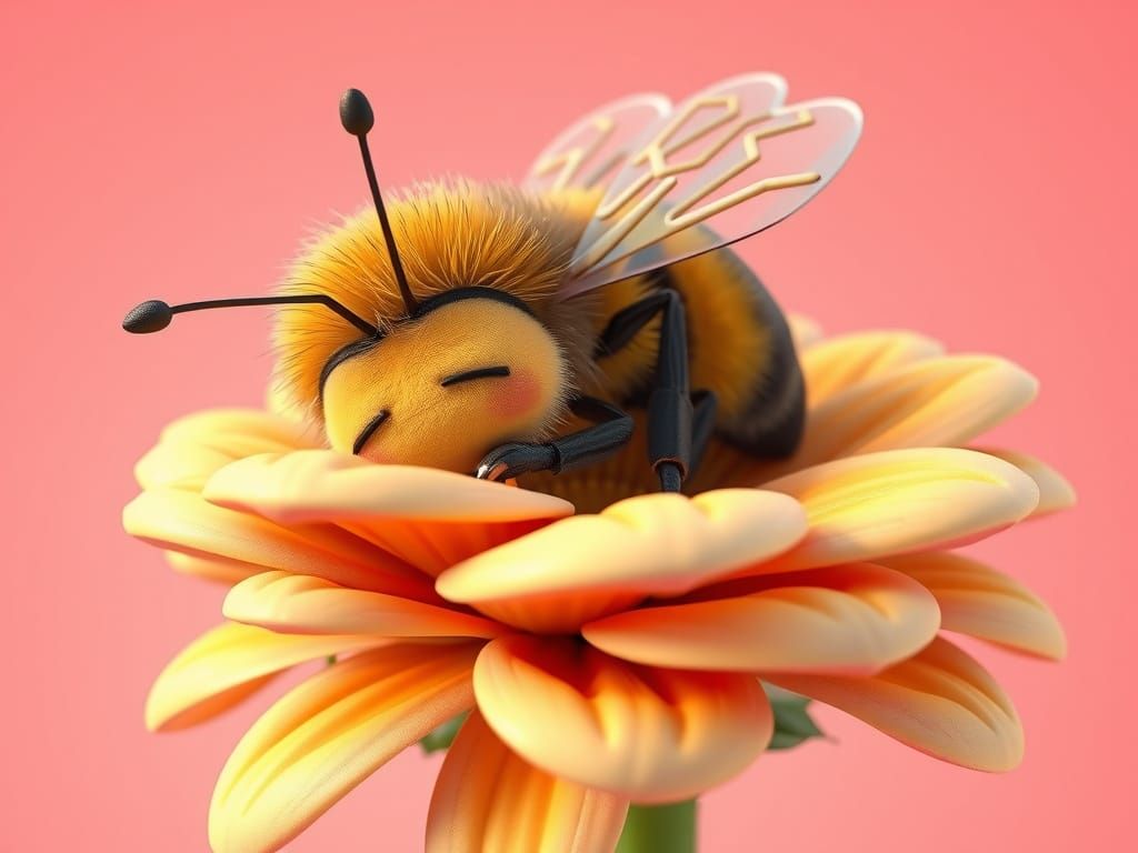 Cartoon Bee Sleeping on Flower, 3D Digital Art