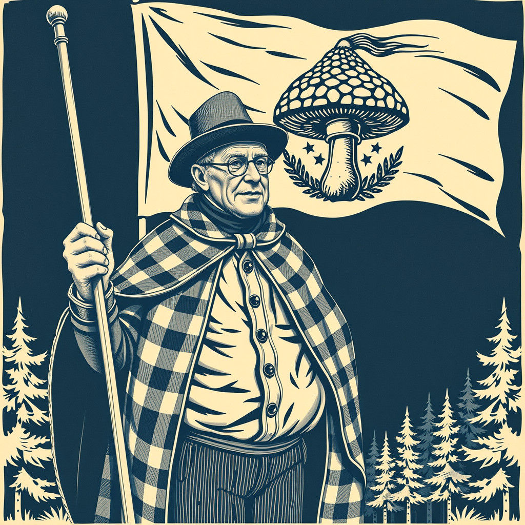 Accountant with Mushroom Flag in Linocut Style