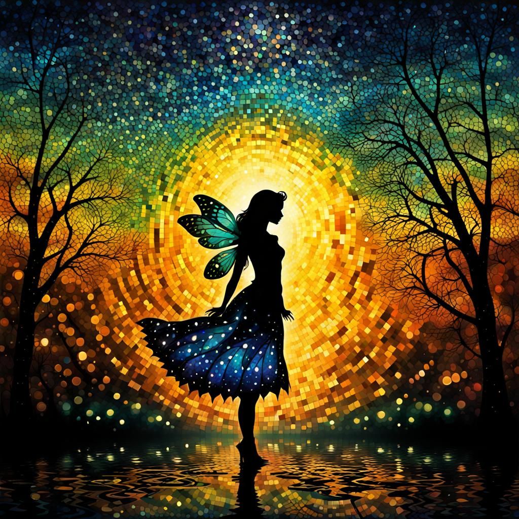 Fairy Silhouette in Mosaic Pointillism Style