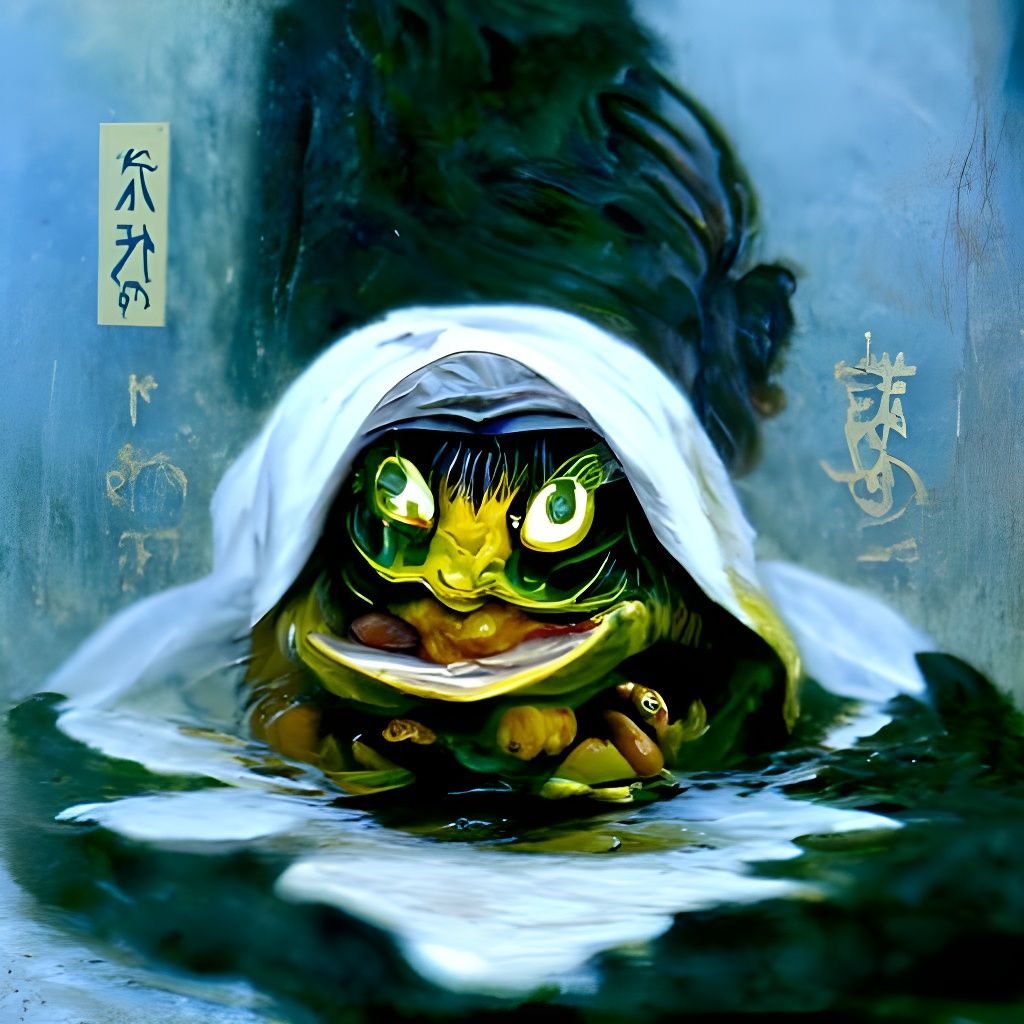 Mischievous Kappa Yōkai in Oil Painting Style