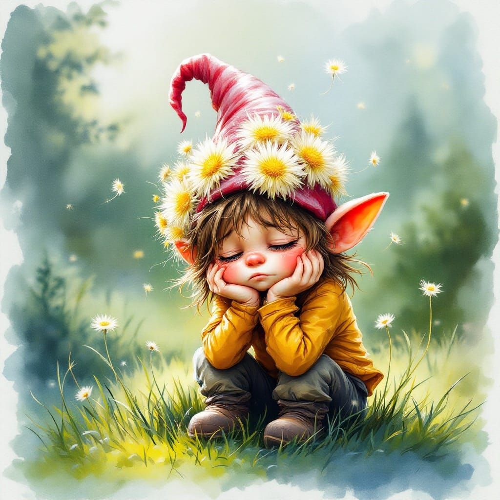 Surreal Fantasy Gnome Sits on Wet Grass in Whimsical Waterco...