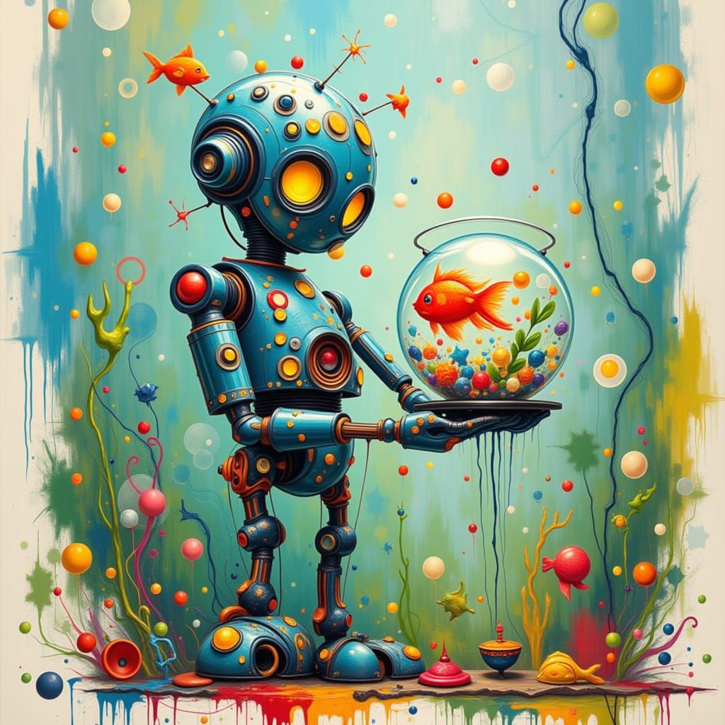 Cute Robot Holding Fishbowl in Abstract Style
