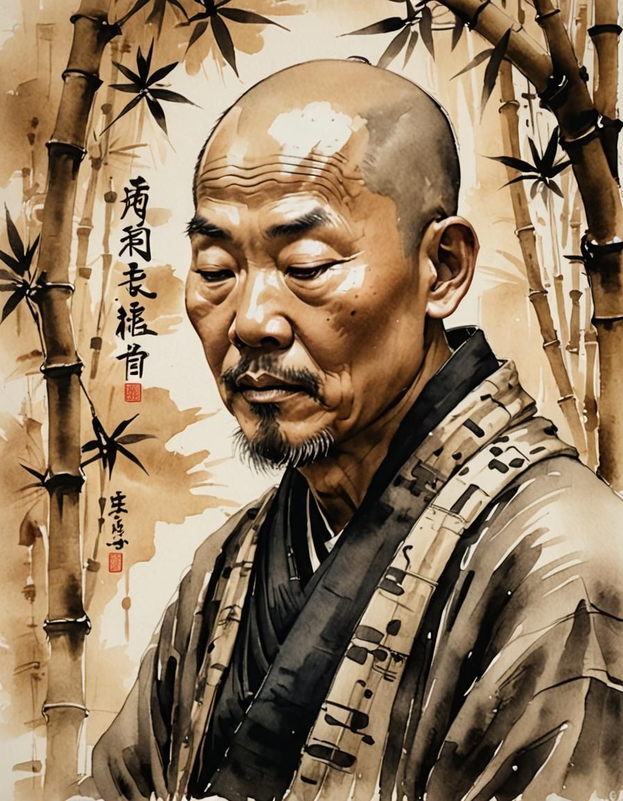 Serene Monk in Ink Wash Painting with Bamboo Carvings