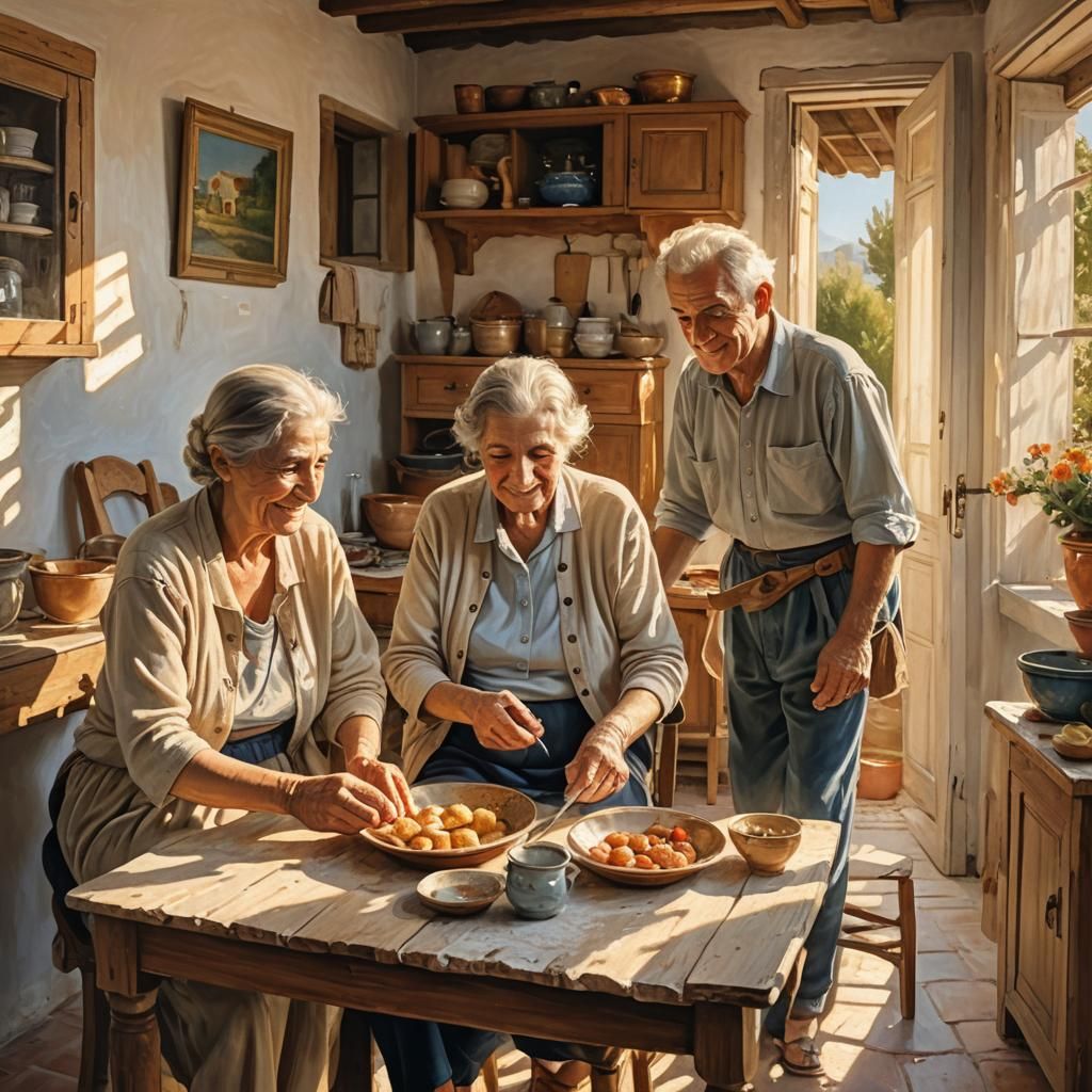 Elderly Greek Couple in Impressionistic Painting Style