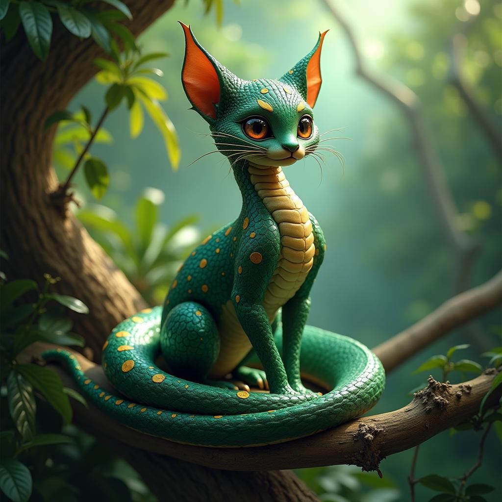 Mystical Serpent-Cat Creature in Lush Jungle