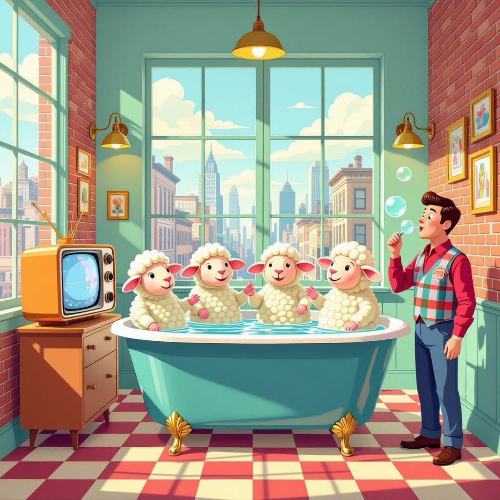 Retro TV with Sheep Puppets in Mid-Century Style