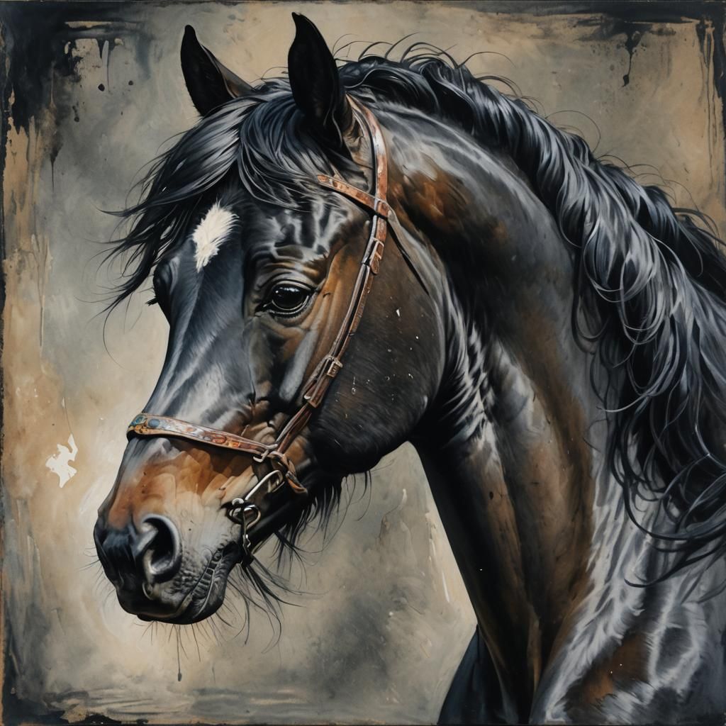Black Beauty Horse Portrait in Gouache Style