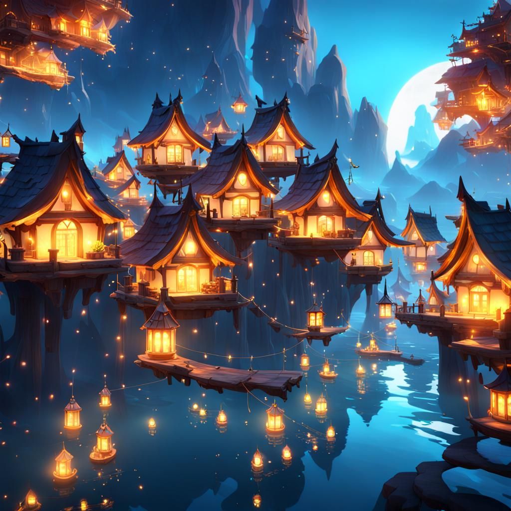 Floating Fairy Village with Magical Lights