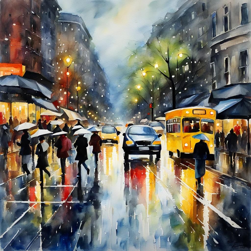 Rainy City Street Scene in Encaustic Watercolor
