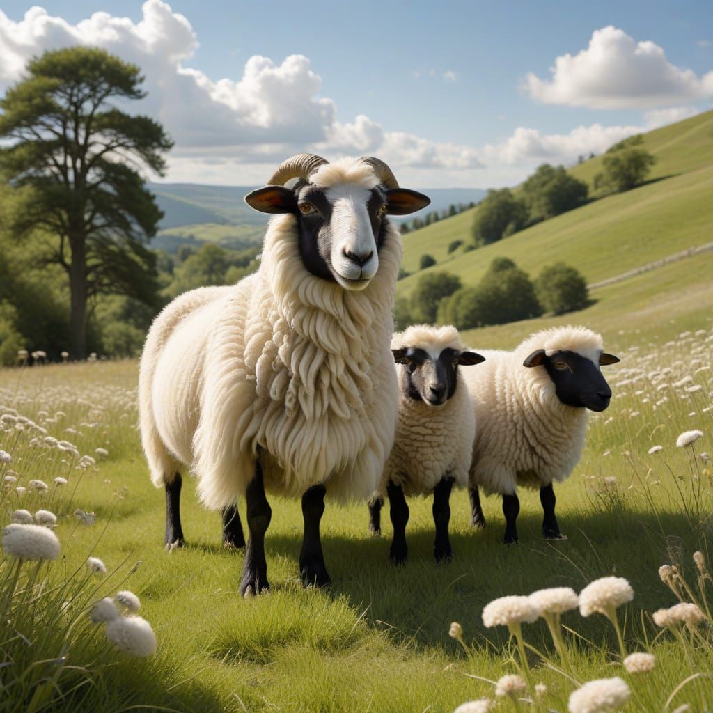 Whimsical Sheep in Sun-Dappled Meadow