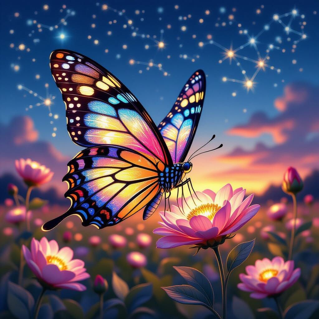 Majestic Stardust Butterfly Over Glowing Flowers