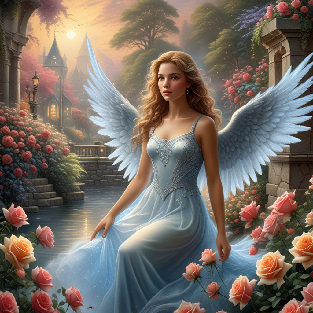 Angel Among Roses in Photorealistic Digital Painting