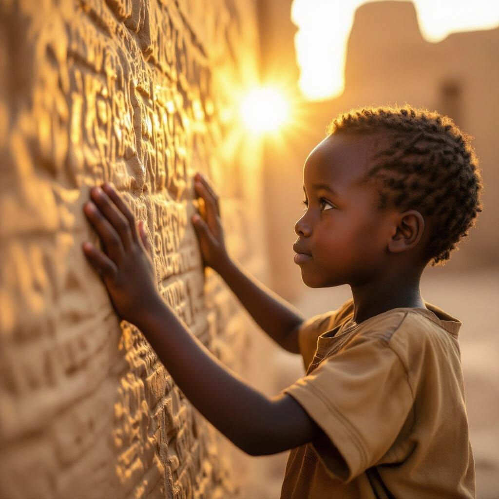 Child Touches Ancient Kushite Temple Wall with Hope
