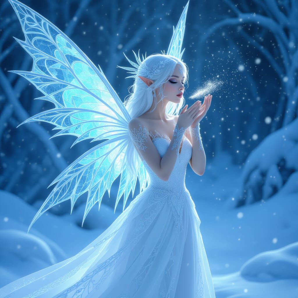 Icy Fairy with Lace Wings in Frozen Landscape