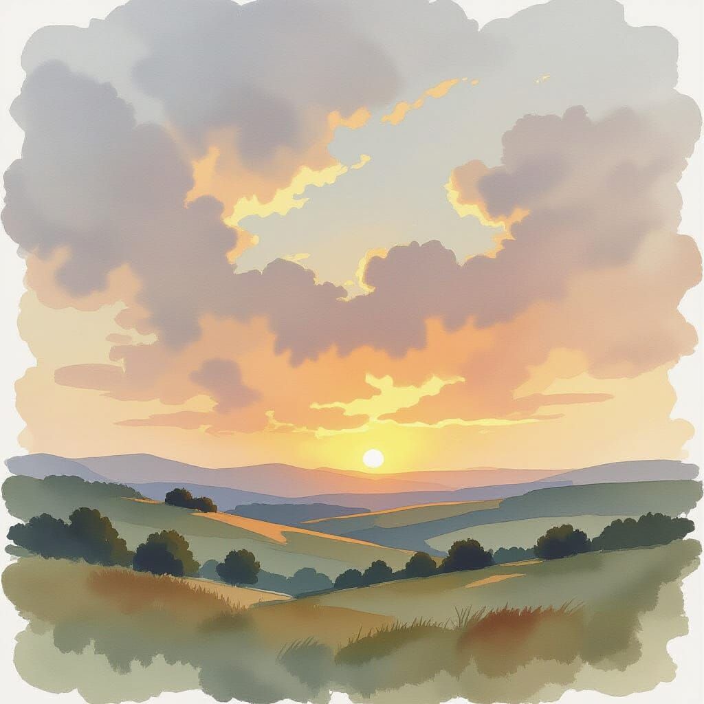 Expressive Watercolor Landscape at Golden Hour