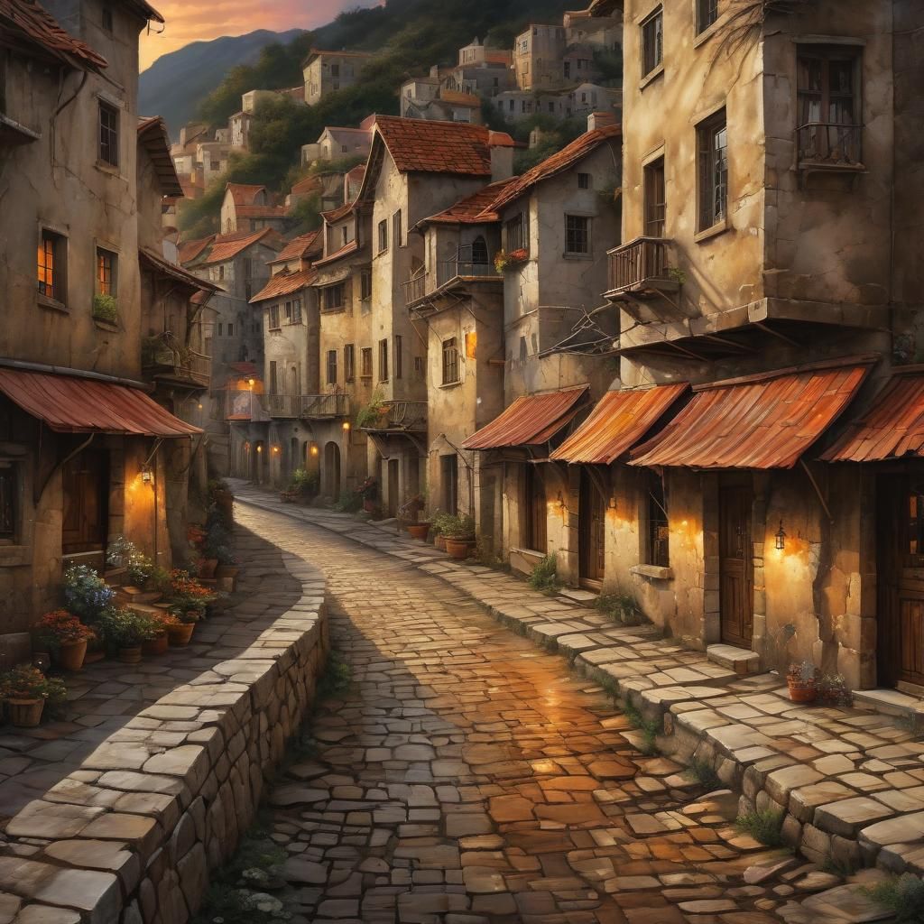 Ancient Seaside Town Street at Sunset Acrylic Painting