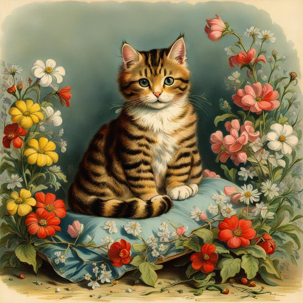 Charming Cat Surrounded by Flowers in Vintage Illustration S...