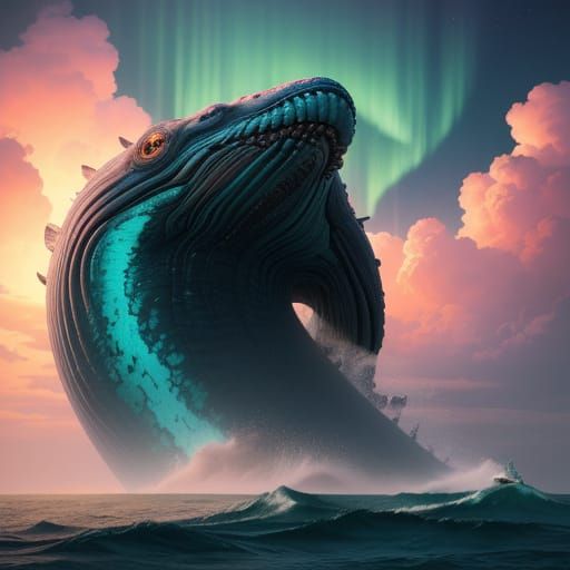 Serpentine Whale Monster Emerges from the Deep in a Dreamlik...
