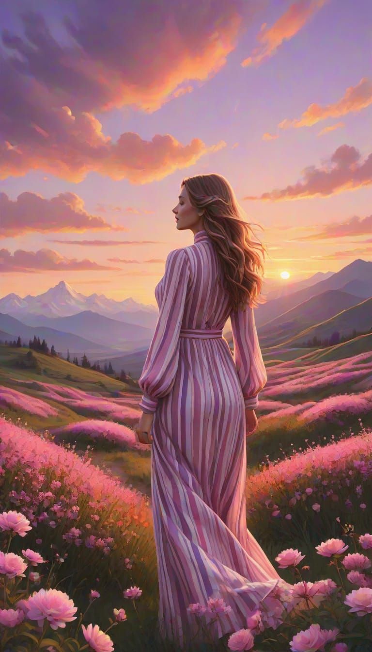 Peaceful Lady Amidst Vibrant Blooms in a Sunset Landscape
