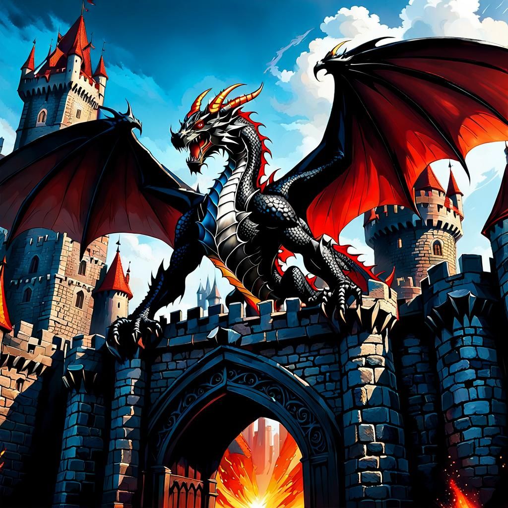Dragons Guarding Castle Gate in Dark Fantasy Style