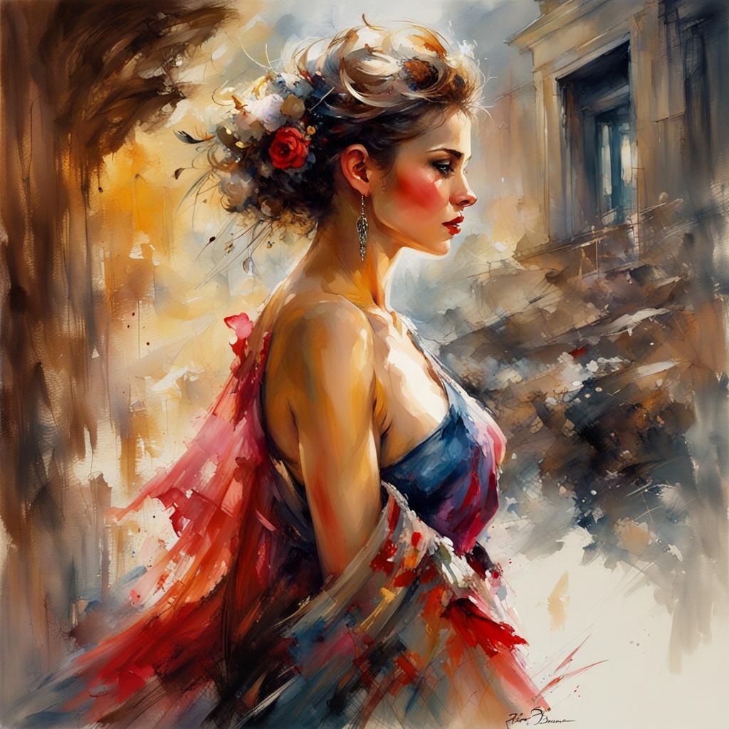 Woman Peryton in Watercolor and Ink Painting