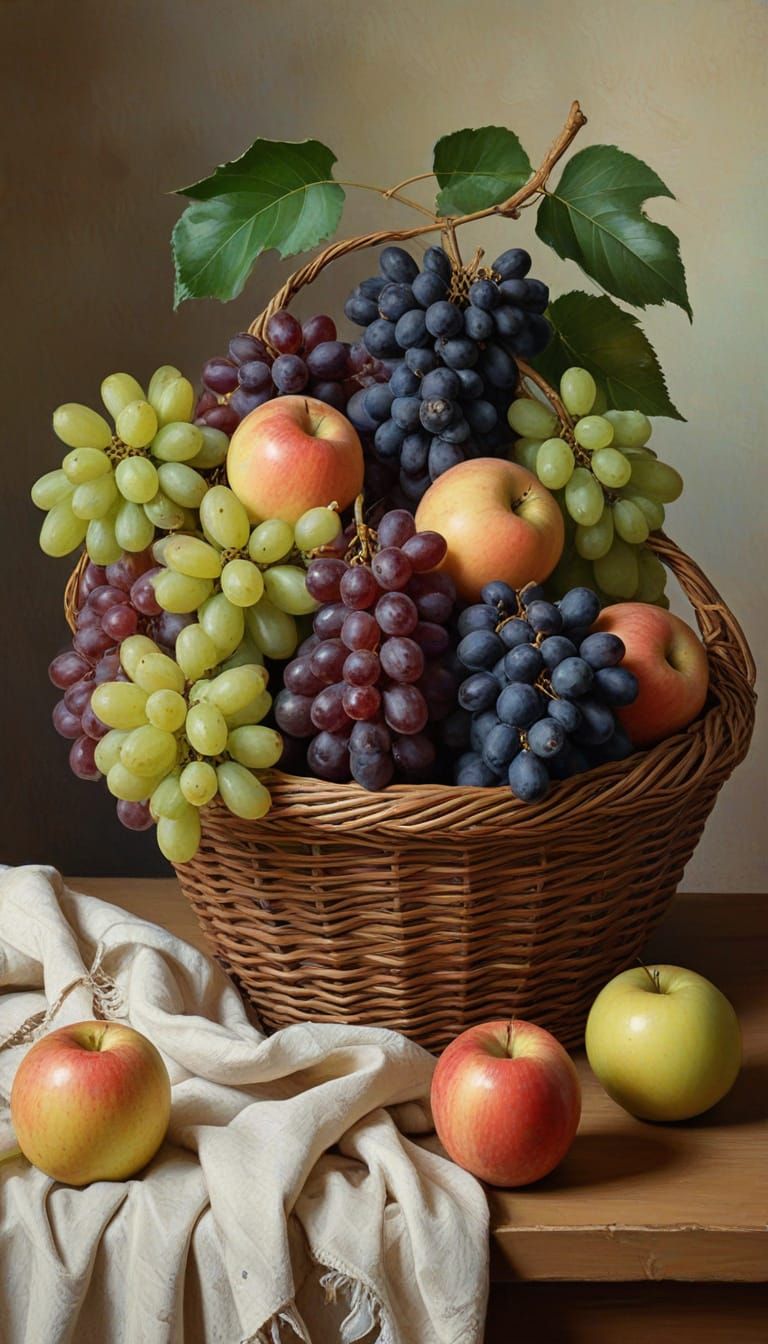 Still Life Fruit Basket with Apples and Grapes in Cézanne St...