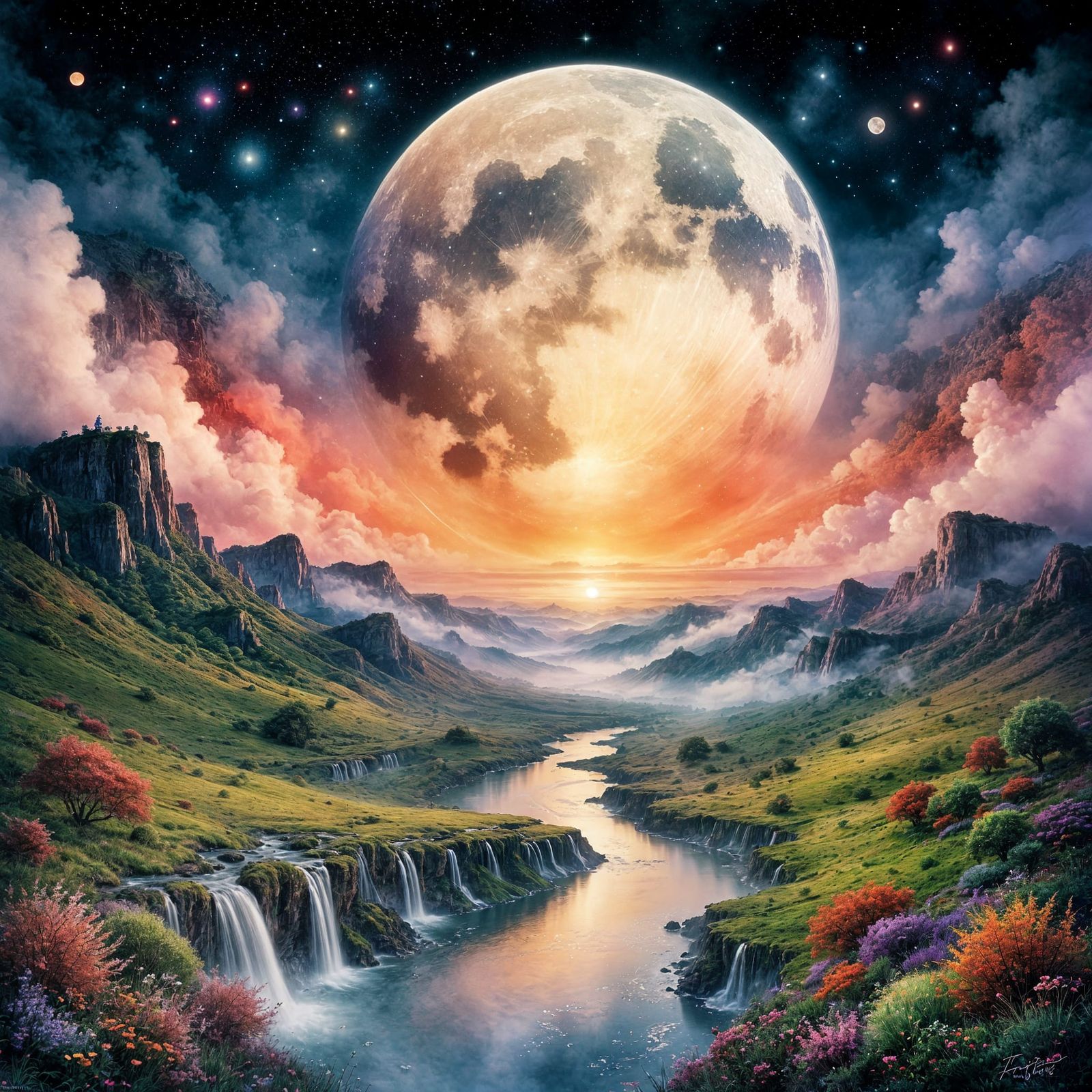 Dreamy Enchanted Watercolor Moonlit Landscape
